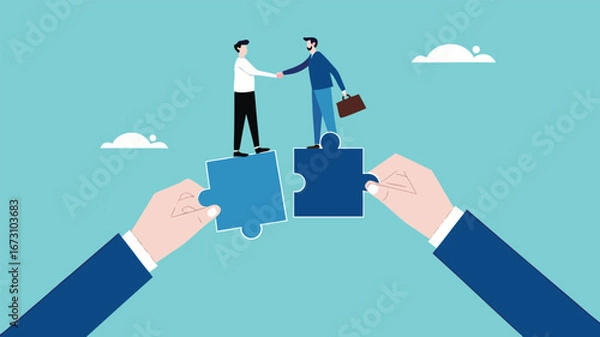 Fototapeta partnership or collaboration to success, teamwork to solve jigsaw puzzle, agreement with corporate, business people shaking hands to connect puzzles together concept vector illustration
