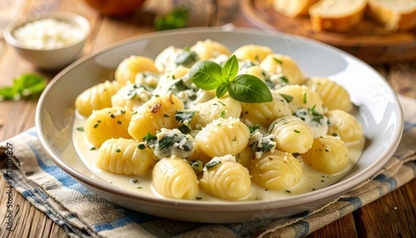 Obraz Gnocchi on a White Plate on a Wooden Table