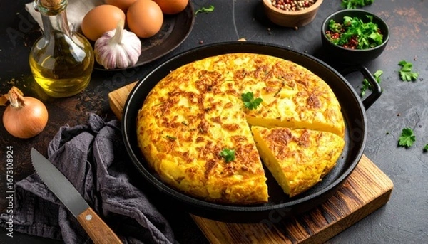 Obraz Spanish Omelette with Potatoes and Onions in Black Pan