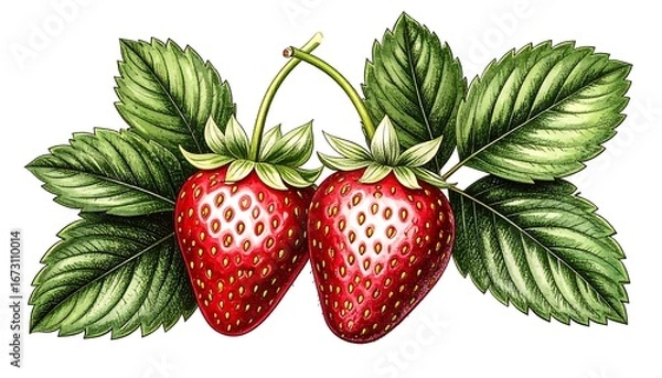 Fototapeta Two ripe strawberries with green leaves