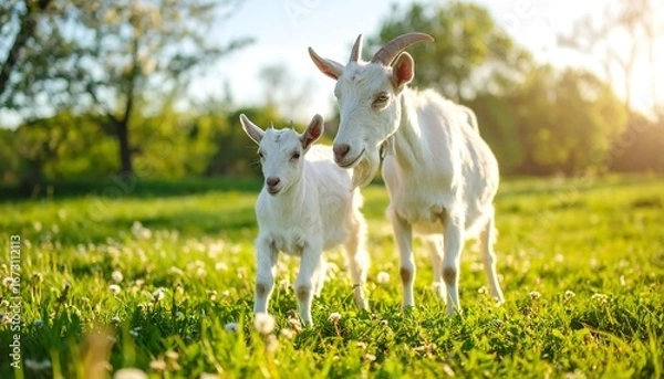 Fototapeta Two white goats in a sun-drenched meadow of wildflowers