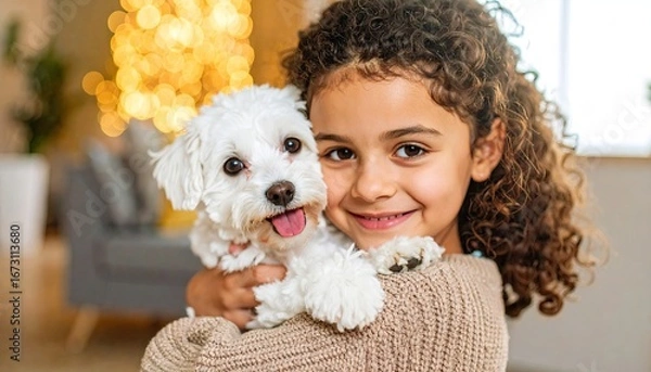 Obraz Smiling Girl Hugging Small White Puppy