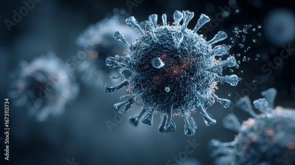 Obraz 3D rendering of dissolving Human Papillomavirus (HPV) with blue tones, detailed virus structure, particle dispersal, preserved depth of field and background blur, scientific and medical visualization