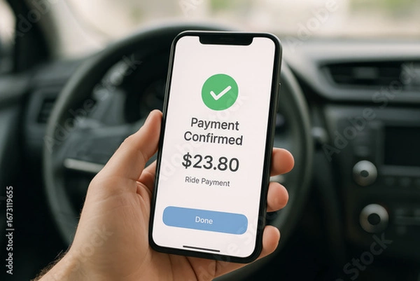 Fototapeta Successful Ride Payment Confirmation on Mobile Inside Vehicle
