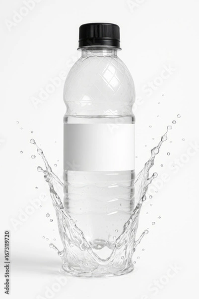 Fototapeta Clean Water Bottle with black Cap and Splash on White Background
