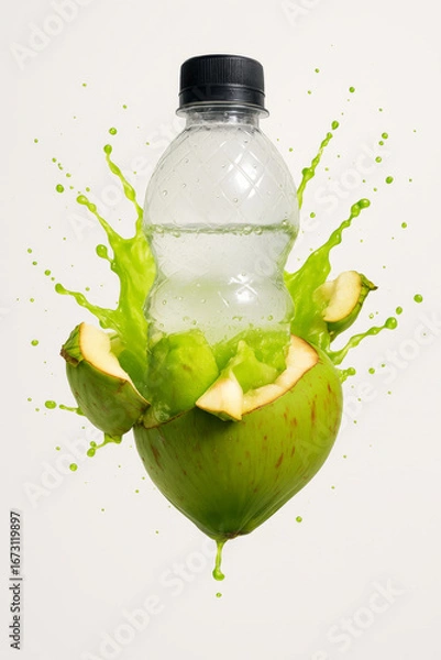 Fototapeta Floating Coconut and Transparent Water Bottle with Black Cap