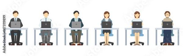 Obraz フラットイラスト：パソコンを使って仕事するスーツ男女(正面)