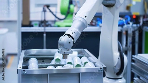 Fototapeta Industrial sorting robot with metallic gray arms and sensor-equipped claws, efficiently separating different materials like plastic, paper, and metal on a conveyor belt in a factory warehouse, monitor