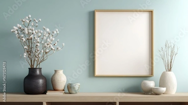 Fototapeta Stunning photo of blank empty picture frame mock-up. Artwork template in interior design.
