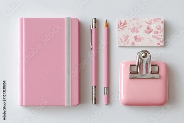 Fototapeta Pink stationery set neatly arranged on a white background