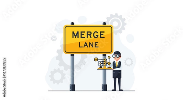 Fototapeta Merge Sign Directing a Scientist Towards the Merging Lane of Innovation and Technology