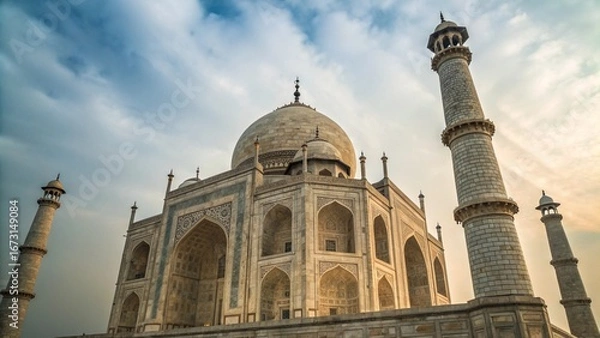 Fototapeta Low Angle View of Taj Mahal in Agra India with White Marble Domes and Intricate Carvings