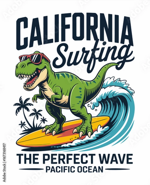 Fototapeta An amusing vision of a T-Rex riding a wave, symbolizing the adventurous spirit of surfing in California with a cheerful and vibrant atmosphere.