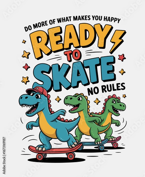 Fototapeta This fun illustration depicts three colorful dinosaurs skating, embodying a sense of thrill and excitement, and representing a vibrant and joyful spirit perfect for youth-oriented designs.