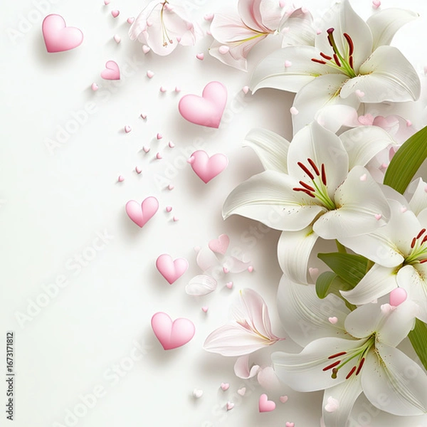 Fototapeta A scattering of white lilies with pink 3D hearts close-up on a white background. Template for a romantic postcard with advertising space. Delicate print, illustration, sketch for invitations.