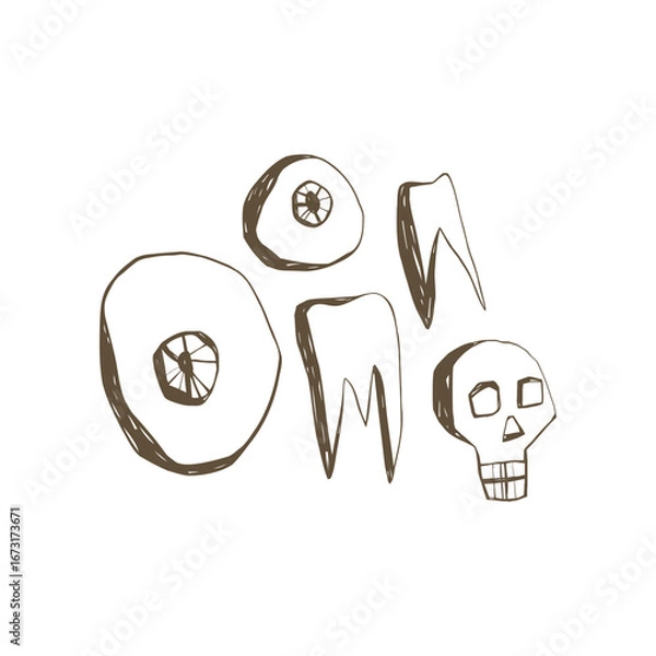 Fototapeta Hand drawn halloween doodle set with spooky skull scary teeth and creepy eyes in simple sketch style for mystic and horror design