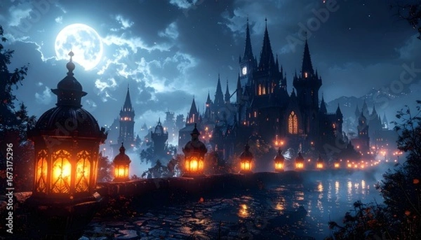 Fototapeta A majestic dark fantasy castle illuminated by warm lanterns along a river under a dramatic moonlit night