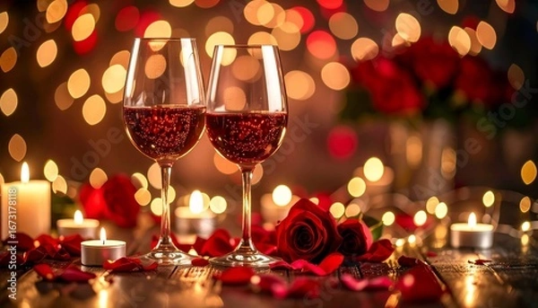 Fototapeta Romantic Wine Toast with Candlelight, Roses, and Bokeh Lights for a Special Celebration