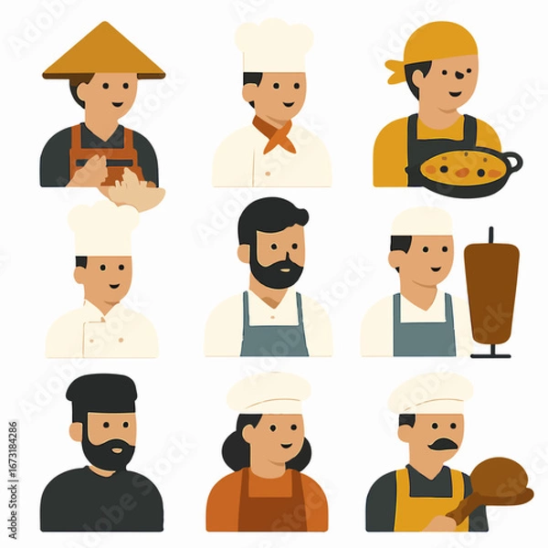 Obraz Group of cartoon chefs and cooks with kitchen utensils and food items
