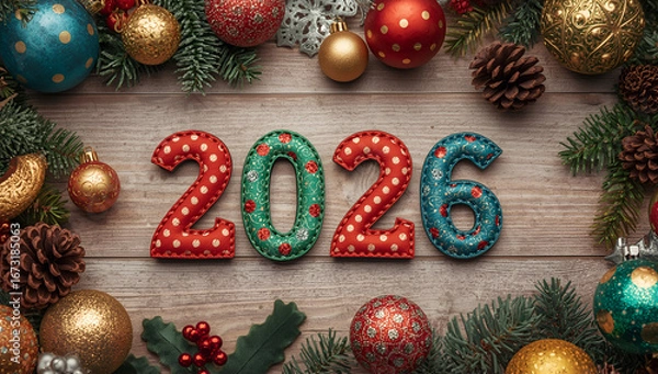 Fototapeta Vibrant stitched digits 2026 in a  Christmas arrangement including red, green, blue, and yellow, placed on a festive Christmas decorations flat lay wooden background,ai generative