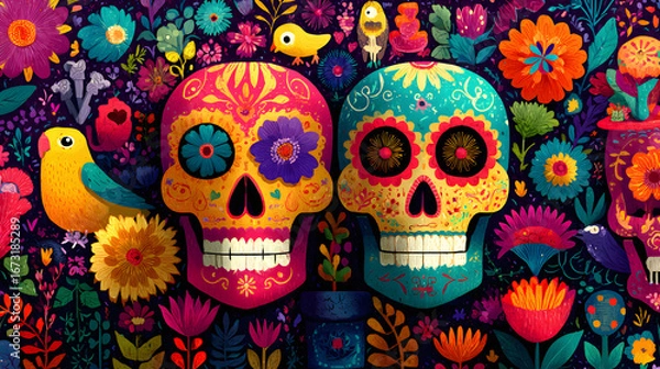 Obraz Mexican Sugar Skulls Flat Vector Illustration