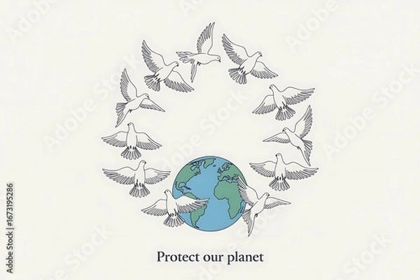 Fototapeta Peaceful doves encircle the vibrant Earth, a powerful symbol for global harmony and environmental protection efforts worldwide.