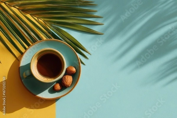 Fototapeta Espresso cup, nuts, palm frond shadow on a two-tone background