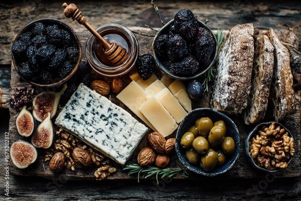 Fototapeta Rustic wooden board laden with cheeses, fruits, nuts, and bread