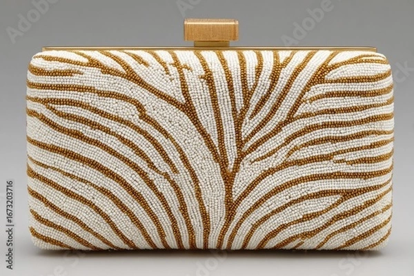 Fototapeta Beaded clutch, rectangular shape, gold clasp, off-white & gold pattern