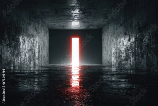 Fototapeta Glowing red doorway in a dark, damp concrete tunnel