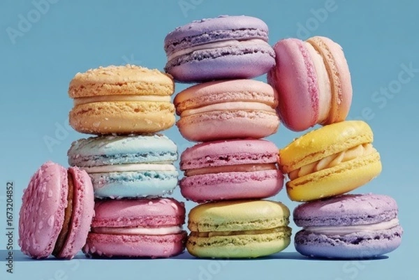Fototapeta A colorful stack of pastel macarons on a light blue background