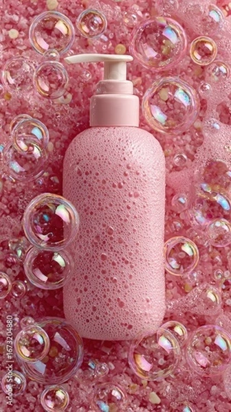 Fototapeta Pink pump bottle on textured pink surface with iridescent bubbles