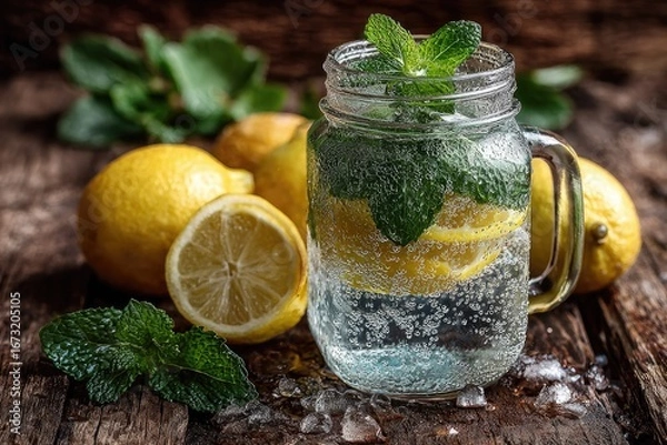 Fototapeta Refreshing lemon and mint infused water in a mason jar, surrounded by lemons and mint sprigs on a rustic wooden surface