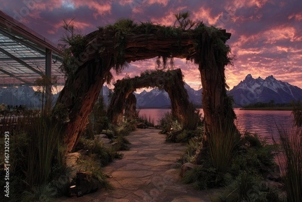 Fototapeta Stone path leads to rustic archway beneath sunset sky over lake and mountains