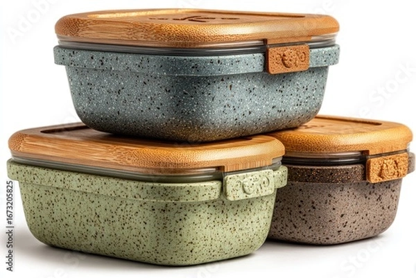 Fototapeta Three speckled rectangular containers with bamboo lids