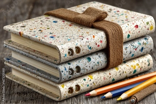 Fototapeta Three speckled notebooks bound together with twine, resting on a wooden surface with colored pencils