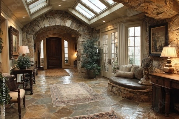Fototapeta Stone-walled entryway with arched doorway, skylights, and built-in seating