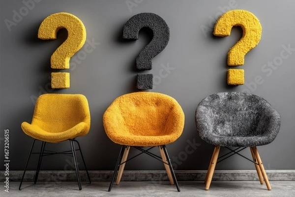 Fototapeta Three fuzzy chairs with question marks above