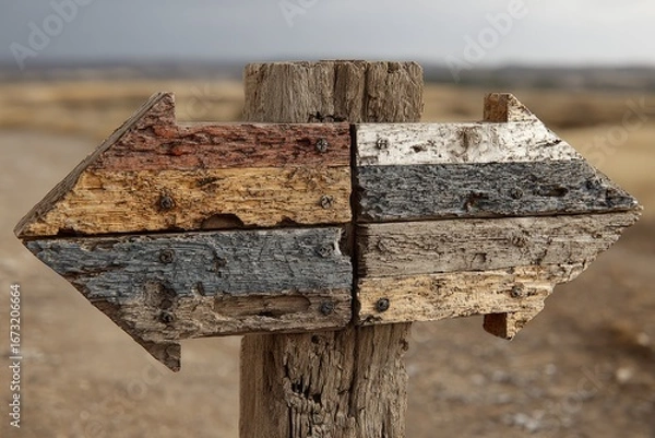Fototapeta Weathered wooden arrow signpost in a rural setting