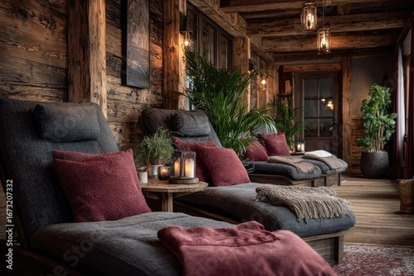 Fototapeta Relaxing lounge with wooden walls, comfortable reclining chairs, and warm lighting