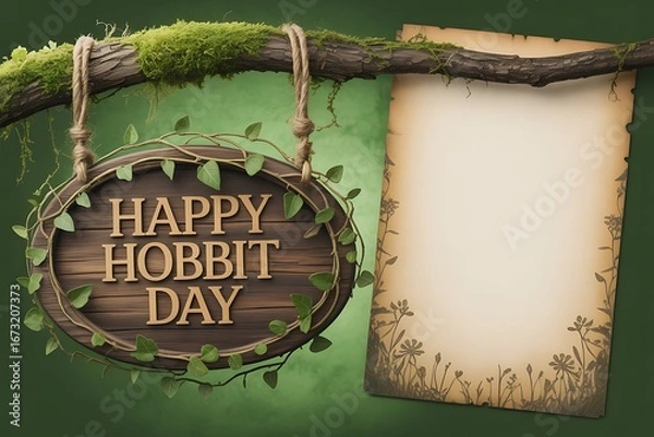 Fototapeta Celebrate Happy Hobbit Day with this enchanting rustic wooden sign, perfect for themed events and fantasy lovers!