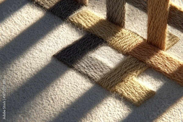 Fototapeta Textured woven strands form geometric pattern on light surface, sunlit