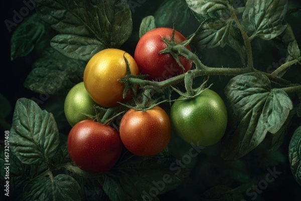 Fototapeta Colorful tomatoes on a vine, dark background