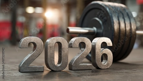 Obraz Numbers representing the year 2026 are placed on a gym floor beside a barbell, symbolizing fresh starts and fitness resolutions during the new year and Christmas celebrations