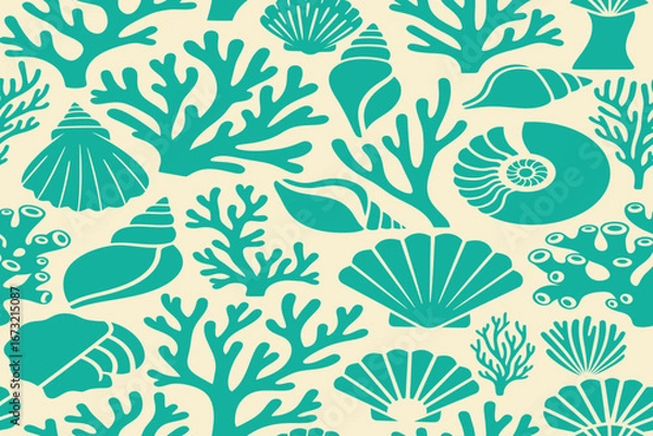 Fototapeta Teal Seashells and Coral Seamless Pattern Beachy Ocean Design