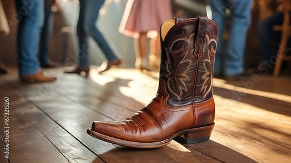 Obraz A single detailed brown leather cowboy boot stands on a wooden floor with blurred people dancing in the background