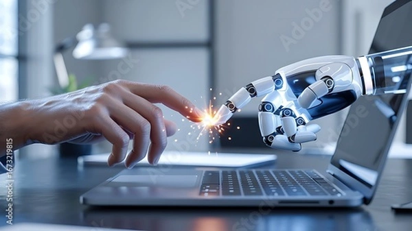 Obraz Close up of a human hand and a robotic hand touching a laptop screen in a modern office setting symbolizing future technology and collaboration