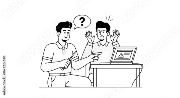 Fototapeta Frustrated man pointing at laptop error while colleague offers help with screwdriver, illustrating technical support and problem-solving scenarios