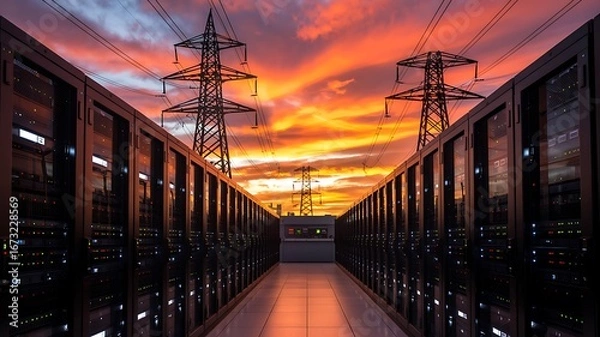 Obraz Dramatic sunset sky with vibrant orange and pink clouds illuminating a symmetrical view of server racks in a data center with power lines in the distance