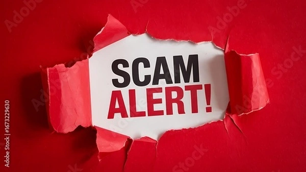 Obraz Torn red paper reveals a white background with the bold black and red text scam alert warning of danger and deception